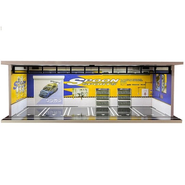 Výstavní dioráma garáž pro modely aut 30 x 13,5 x 10 cm Měřítko 1:64 Závodní žluto-fialová servisní garáž Spoon Sports Parkovací display PVC ABS 1
