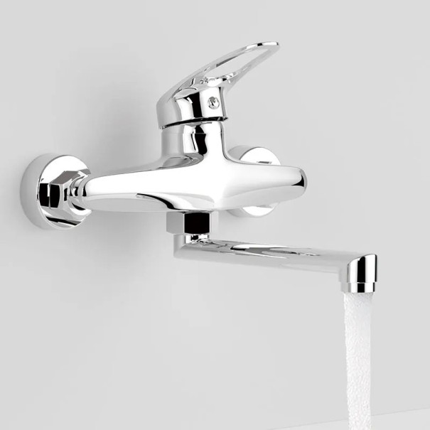Wall-Mounted Single-Lever Mixer Tap for Hot and Cold Water with a 18 cm Swivel Spout for Bathroom Use with Bath, Sink and Washbasin silver