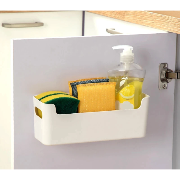 Wall Storage Basket 25.5 x 8.5 x 9.5 cm Plastic Organiser for Kitchen Cabinet Doors Practical Holder for Sponges and Cleaning Products white