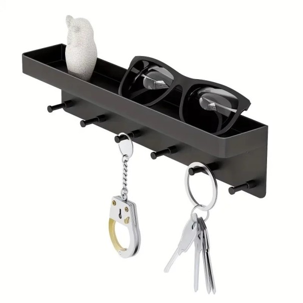 Wandgarderobe mit Ablage und 6 Haken 24,5x7x5,3 cm aus Kohlenstoffstahl zum Ablegen von Schlüsseln, Brillen und Kleinigkeiten im Flur schwarz