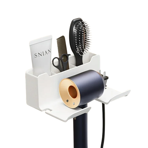 Wandgemonteerde badkamerplank voor föhn 16,5×7×12,5 cm Houder met 5 cm opening Organizer met kamvak Cosmetische accessoires Opbergplank wit
