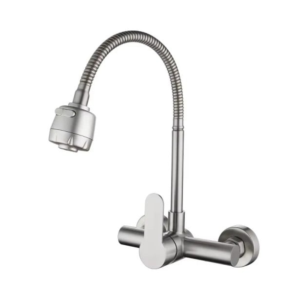 Wandkeukenmengkraan van messing met draaibaar 360° arm en 2 functies keramische kraan voor warm en koud water naar de gootsteen grijs