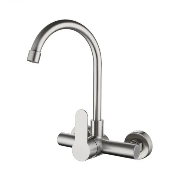 Wandmontierte Küchenarmatur mit Hebel aus Edelstahl mit hohem schwenkbarem Auslauf für warmes und kaltes Wasser silberfarben für die Küche am Spülbecken