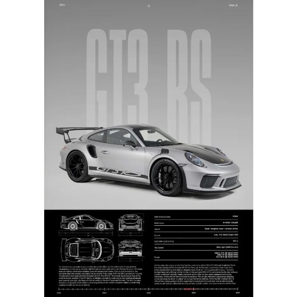 Wandplakat GT3 RS Sportwagen 30 x 40 cm Leinwanddruck silber-schwarzes Design ohne Rahmen Innendekoration 1