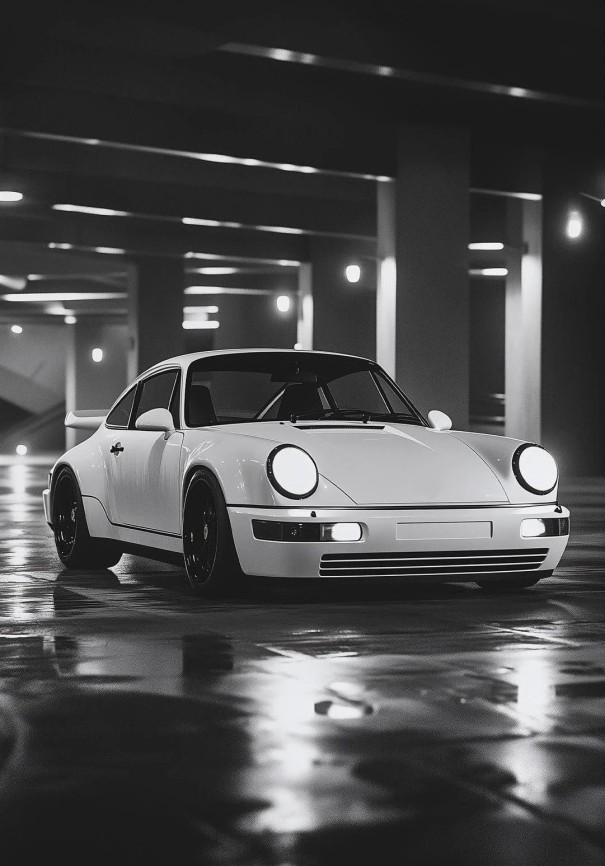 Wandposter 30 x 42 cm Zwart-wit afbeelding Porsche 911 Sportauto Stijlvolle decoratie voor de kamer Canvasprint Zonder lijst 1
