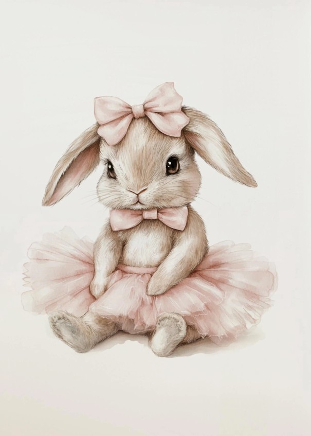 Wandposter konijntje met strik en vlinder in balletrok 40x60 cm canvas roze afbeelding zonder lijst wanddecoratie 1