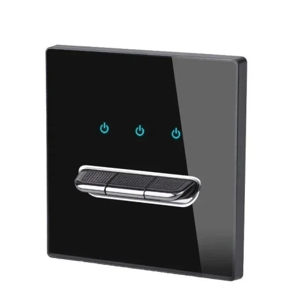 Wandschalter mit 3 Tasten, Panel aus gehärtetem Glas 8,6 x 8,6 cm, 250 V, 16 A, LED-Kontrollleuchten, für Unterputzdose schwarz