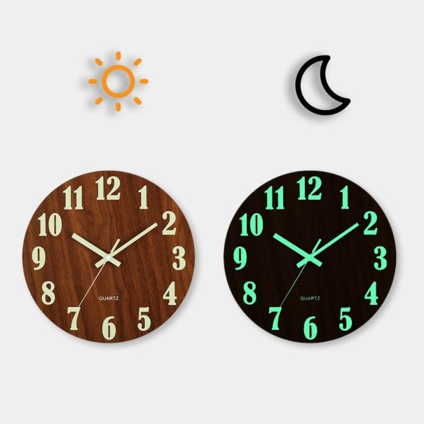 Wanduhr aus Holz, 29,7 cm, leuchtende Zahlen, leiser Betrieb, moderner Stil, Quarz, Wohnzimmerdekoration, ohne Glas, große lesbare Zahlen 1