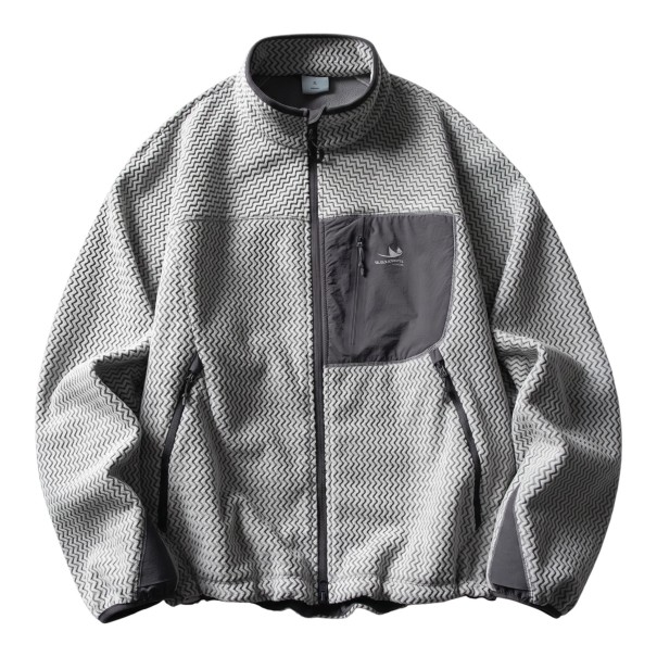 Warm Fleece Jacket with Zip Stand-up Collar, Chest Pocket and Side Zip Pockets, Structured Pattern, Loose Fit, Unisex grey XS
