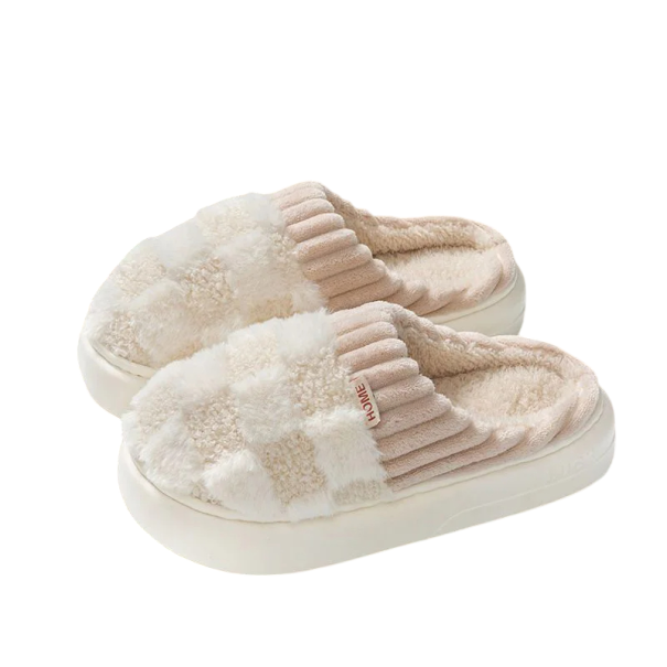 Warme karierte Hausschuhe für Damen mit weicher Sohle, pelzige Anti-Rutsch-Hausschuhe, bequeme Winterpantoffeln, weiches, warmes Schuhwerk beige 40-41