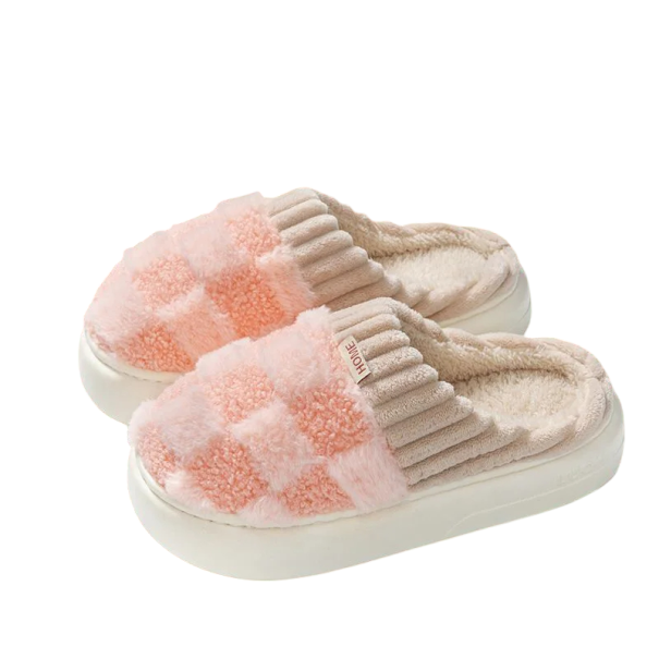 Warme karierte Hausschuhe für Damen mit weicher Sohle, pelzige Anti-Rutsch-Hausschuhe, bequeme Winterpantoffeln, weiches, warmes Schuhwerk rosa 38-39