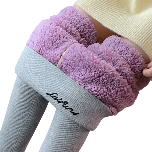 Warme Winterleggings für Damen mit Fell Hohe Taille Elastische Leggings in Knöchellänge Isolierte Hose für den Winter Bequeme Wintersportleggings grau-rosa S