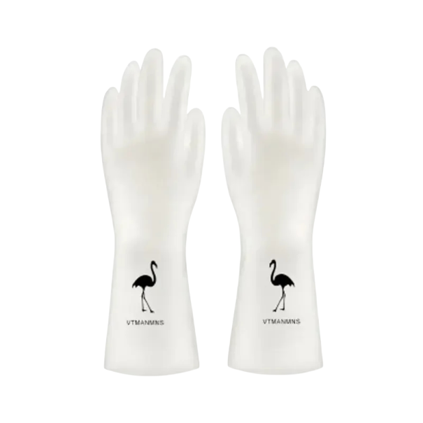 Wasserfeste Silikonhandschuhe zum Reinigen Größe S Länge ca. 30 cm weiß mit Flamingo für Küche, Wäscherei, Geschirrspülen, Haushalt 1
