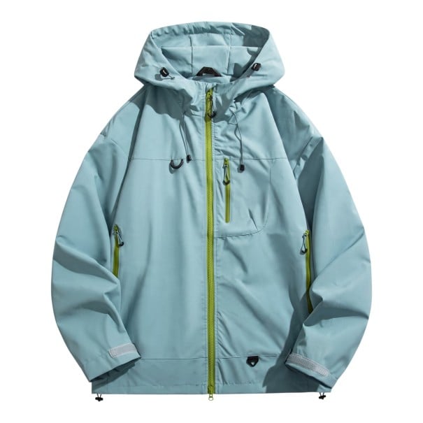 Wasserfeste und winddichte Jacke mit Kapuze und Reißverschluss, mit drei Reißverschlusstaschen und verstellbaren Manschetten sowie Saum blau L