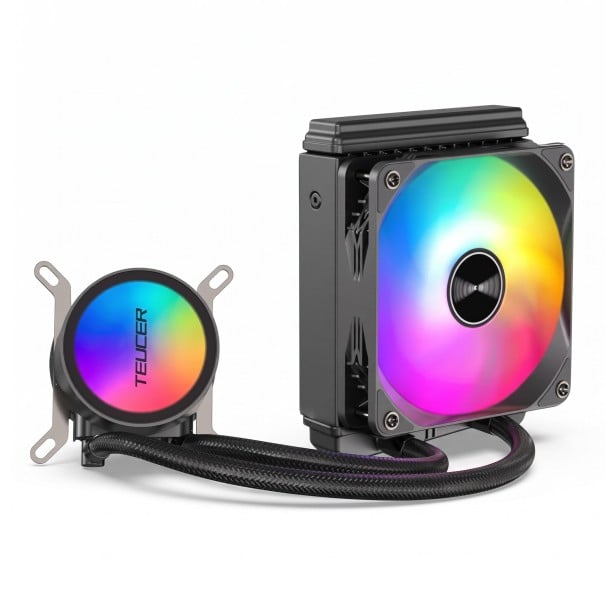 Wasserkühlung CPU Teucer AIO Flüssigkeitskühler RGB Beleuchtung Radiator 120 mm Lüfter PWM Kupferbasis Für Intel LGA1700 und LGA1200 schwarz