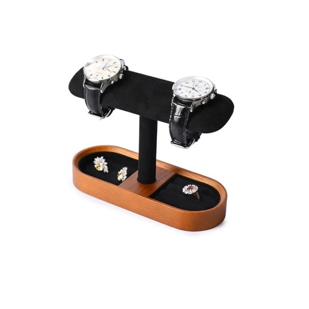 Watch and Bracelet Stand with Jewellery Organiser 20 × 8 × 15 cm Wooden Stand with Faux Leather Cushion and Compartments black