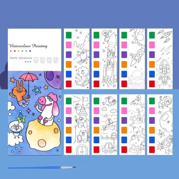 Watercolour Colouring Book for Children Adventures in the World 12 Pages 18.7 x 8 cm Watercolour Painting with Palette and Brush for Drawing 1