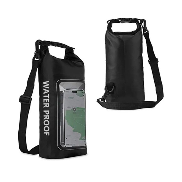 Waterdichte droge rugzak 2l PVC 34,5×13,5×7,5 cm met touchscreen voor mobiele telefoon voor zwemmen, kajakken, raften, trekking, surfen en watersporten zwart