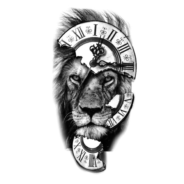 Waterdichte tijdelijke tattoo 21 x 11,4 cm Leeuw en Romeinse klok Dierenmotief Eenvoudig aan te brengen Duurzame tattoo Symbool van kracht en tijd 1