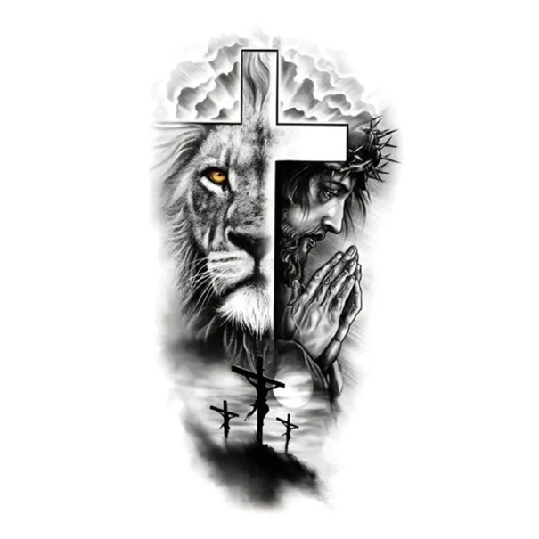 Waterdichte tijdelijke tattoo 21 x 11,4 cm Leeuw, kruis en Jezus Religieus motief Eenvoudig aan te brengen Duurzame tattoo Symbool van geloof en kracht 1