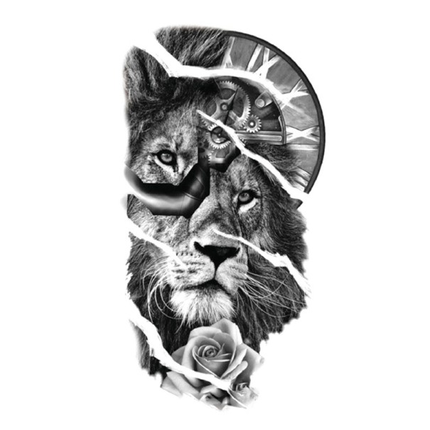Waterdichte tijdelijke tattoo 21 x 11,4 cm Leeuw met leeuwin, roos en Romeinse klok Dierenmotief Eenvoudig aan te brengen Duurzame tattoo Symbool van kracht en tijd 1