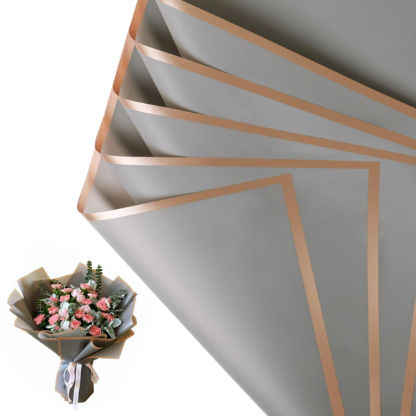 Waterproof Flower Wrapping Paper 58 x 58 cm 10 Sheets Gold Edge Elegant Floral Paper Decorative Flower Packaging grey