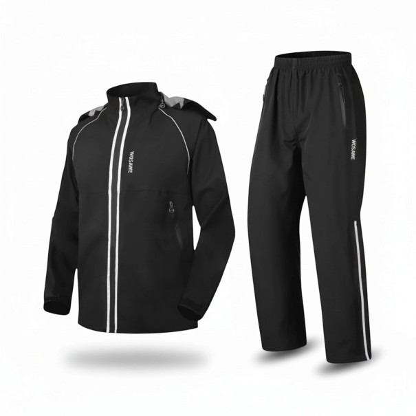 Waterproof Motorcycle Suit Jacket with Hood and Trousers Unisex Material PU and TPU Black with White Stripes Biker Raincoat XS