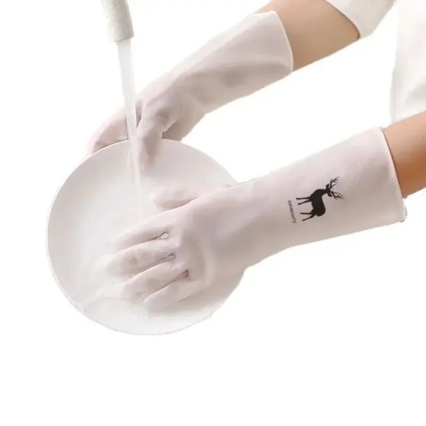 Waterproof Silicone Cleaning Gloves Size M Length Approx. 30.5 cm White with Deer for Kitchen Laundry Washing Dishes Household 1