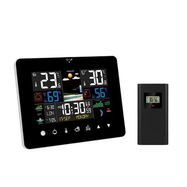 Weerstation met touchscreen 167 x 128 mm Temperatuur-, vochtigheids- en drukmeting Zonsopgang en zonsondergang Wekker Draadloze sensor 1
