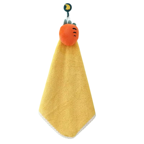 Weicher Handtuch für Kinder mit Aufhängeschlaufe 28 x 28 cm aus Mikrofaser saugfähig gelb mit orangefarbenem Motiv für das Badezimmer für Säuglinge 1