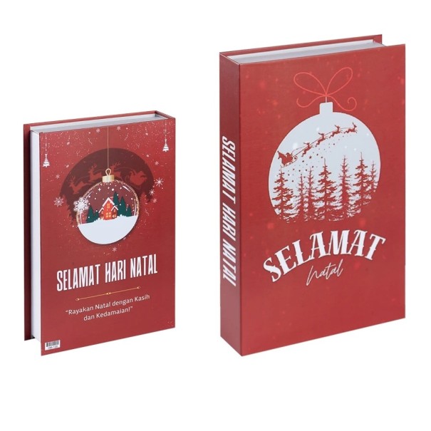 Weihnachtliche dekorative falsche Buch Selamat Natal Imitation eines Buches im Regal Rote Buchdekoration Wintermotiv 1