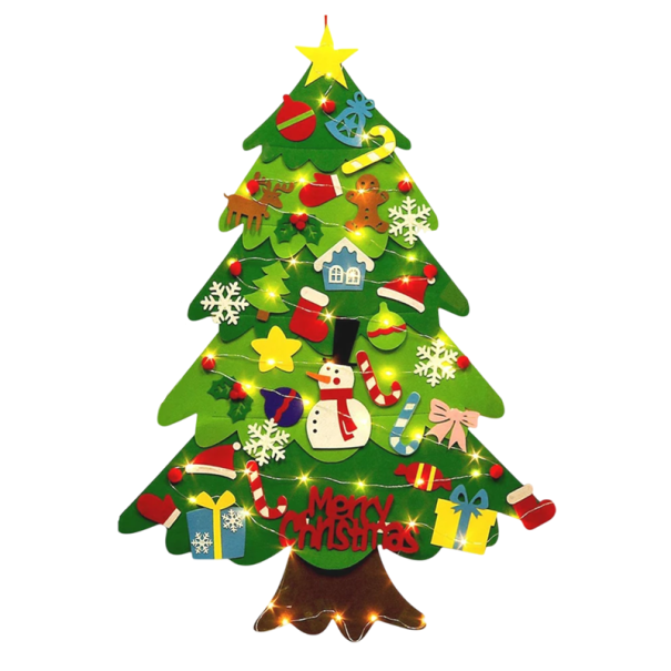 Weihnachtlicher Filzbaum 100 x 70 cm mit 32 abnehmbaren Dekorationen mit Klettverschluss und 5 m LED-Lichterkette für Batterien Dekoration für Kinder 1