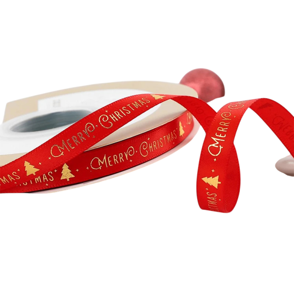 Weihnachtsband 1 cm x 5 m Polyesterband mit Druck für Geschenkverpackungen, Weihnachtsdekoration, Kuchen, Blumensträuße und kreative DIY-Projekte rot