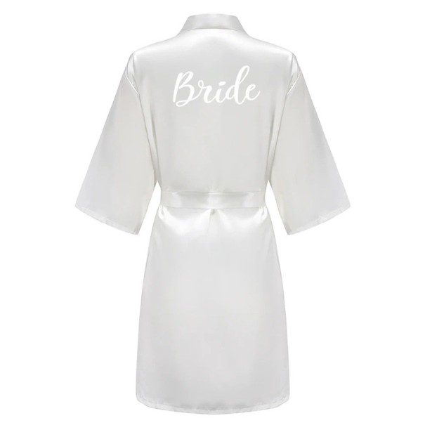 Weißer Damen Hochzeitsbademantel aus Kunstseide Eleganter leichter Bademantel zum Binden mit dem Schriftzug BRIDE Zarter bequemer Kleidungsstück XL