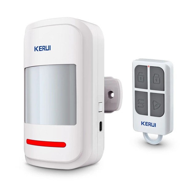 Weißer drahtloser Infrarot-Bewegungssensor mit Fernbedienung und Sirene 100 dB, Doppelmodus Alarm und Türklingel, Reichweite 9 m, Batterie 3x AAA