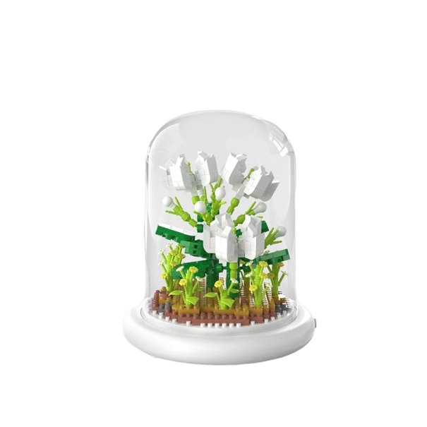 Weißes Blumen-Mini-Set auf leichter Basis und in einer Glasabdeckung, 13,5 x 11,7 cm, AAA-Batterie, Heimdekoration aus dem Set, 520-teiliges Klappspielzeug für Kinder 1