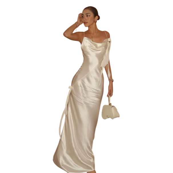 Weißes Satin-Langkleid mit offenem Rücken und dünnen Trägern Elegantes Abendkleid mit asymmetrischen Schleifen und fließendem Schnitt L