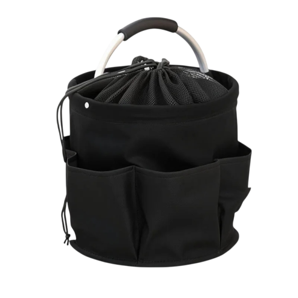 Werkzeugkorb mit verschließbarem Netzoberteil und Taschen am Rand Volumen 17 L Durchmesser 28 cm und Höhe 28 cm faltbar mit Metallgriff schwarz
