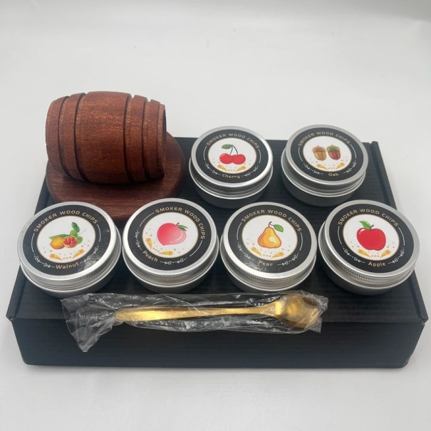 Whisky Smoker Kit im Holzdesign eines Fasses + 6 Aromastücke mit Löffel aus dunklem Holz zur Aromatisierung von Getränken