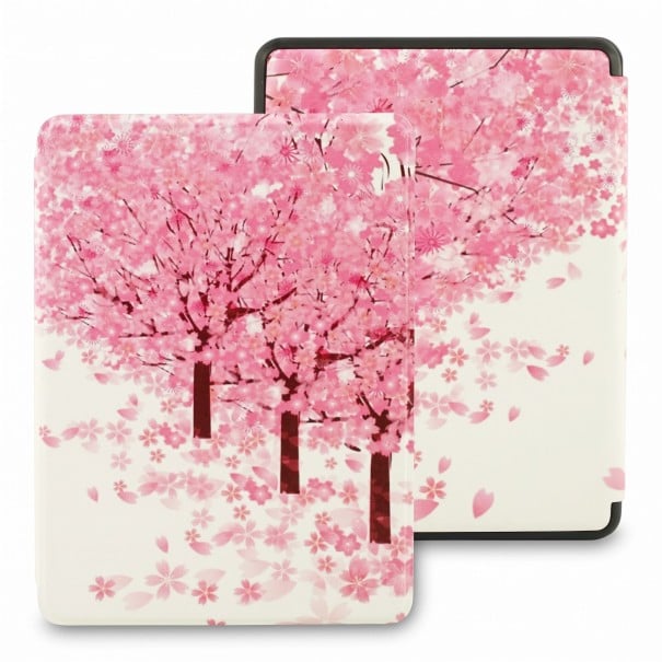 White and Pink Flip Case for 6 Inch Kindle 10th Generation 2019 with Blooming Cherry Blossoms and Falling Petals with Strap and Screen Protector 1