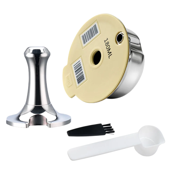 Wiederverwendbare Kapsel 180 ml für Tassimo Kaffeeautomaten mit Tamper, Kunststofflöffel und Reinigungsbürste für gemahlenen Kaffee 1