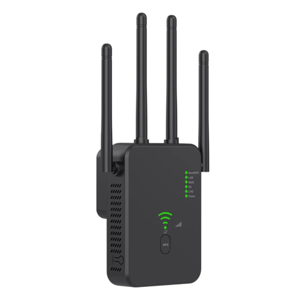 WiFi extender signaalversterker AC1200 1200 Mb/s dual-band 2,4 GHz en 5 GHz 4 externe antennes WPS modus repeater AP router voor uitbreiding van WiFi zwart