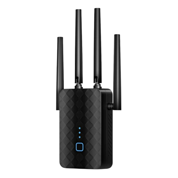 WiFi extender zesilovač signálu 300 Mb/s 2,4 GHz 4 externí antény plug and play černý repeater pro rozšíření domácí bezdrátové sítě 1