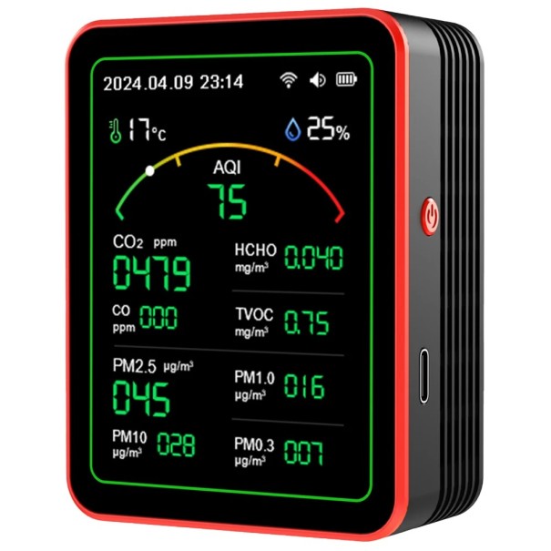 WiFi luftkvalitetsdetektor 15 i 1 med TFT-skærm Bærbar tester PM0,3 PM2,5 PM10 CO2 TVOC HCHO AQI Måling og styring via app sort
