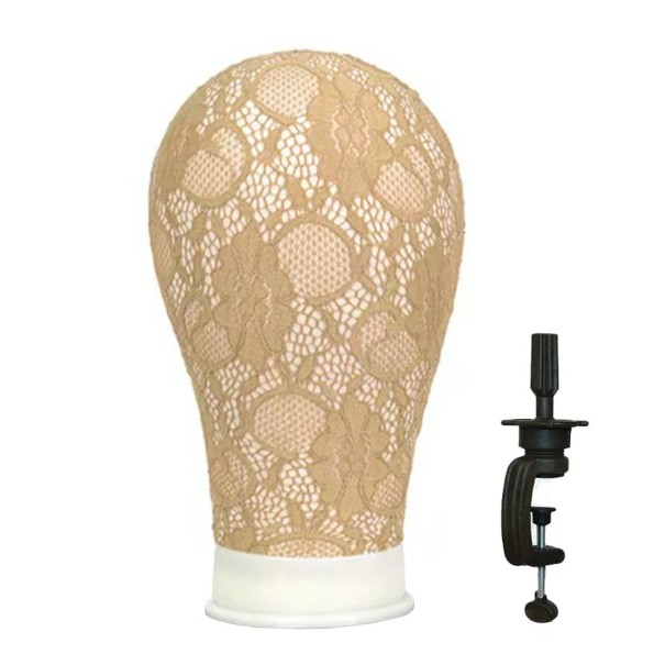 Wig Stand with Lace Decoration, Head Circumference 55.88 cm and Table Holder for Hair Salons and Home Use beige