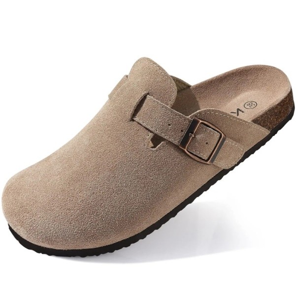 Wildleder-Kork-Hausschuhe mit anatomischer Innensohle und Fußgewölbeunterstützung. Hausschuhe für Damen und Herren. Ergonomische, weiche Schuhe für den Alltag.