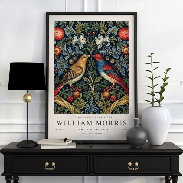 William Morris ihlette poszter, botanikai virág- és madármotívum, 40 x 60 cm poliészter vászon, falikép belső dekorációhoz 1