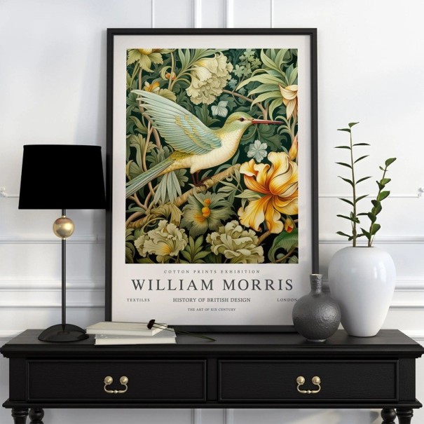 William Morrisin juliste linnulla ja kukkakuviolla 20x30 cm polyesterikangas vihreä-beige seinätaulu sisustukseen 1