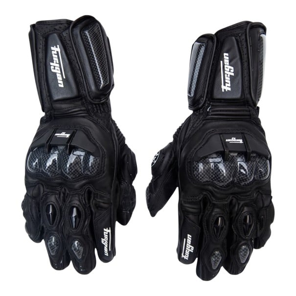 Winddichte und berührungsempfindliche Motorradhandschuhe aus Leder mit Knöchelschutz und verlängertem Bündchen für Straße und Gelände schwarz M