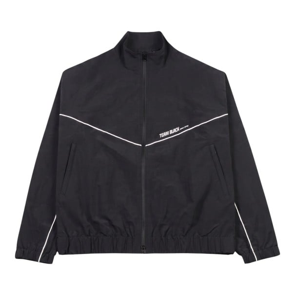 Windjack met hoge kraag en rits met bedrukking op de achterkant en witte bies met zakken en elastische zoom zwart unisex M